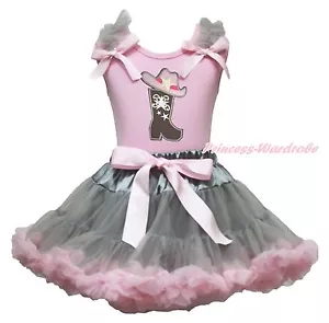 Western cappello cowgirl stivali top camicia grigio rosa sottogonna set completo bambina 1-8 anni - Foto 1 di 1