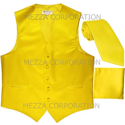 New Men's Vesuvio Napoli Tuxedo Vest Necktie Hankie set prom party formal Yellow - Image 1 of 4