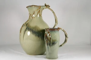 PINION SIGNED ART POTTERY BULBOUS PITCHER & MUG DRIP GLAZE-2 PIECES. - Picture 1 of 7