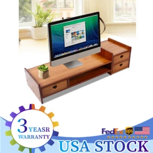 Sturdy Bamboo Wood Monitor Stand Riser w/ Drawer - Desk Storage Organizer - Picture 1 of 12