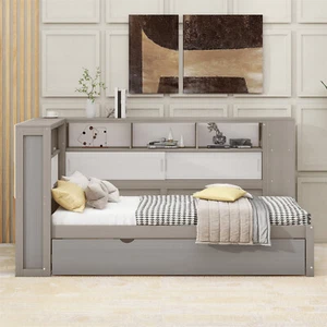 Holzbett Kinderbett 90x200 Bettgestell Mit Ausziehbares Bett und Eckschrank Grau - Bild 1 von 13
