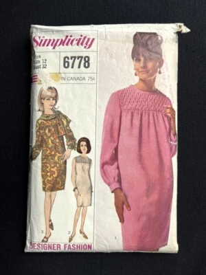 Simplicity 6778 Misses Dress Designer Retro 1966 Pattern Old sz 12 Bust 32" Cut - Image 1 of 2