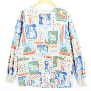 Vintage Peaches Uniforms Scrubs Top Button Fro All Over Print Long Sleeve OS - Picture 1 of 7