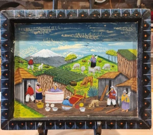 Vintage Tigua Folk Artist sheepskin PAINTING Ecuador Village - Picture 1 of 5