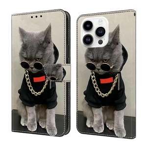 For Various Phone Hot Glasses Cat Magnetic Card Wallet Bag Case Flip Stand Cover - Picture 1 of 10