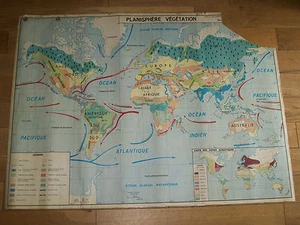 ANCIEN AFFICHE CARTE SCOLAIRE MDI PLANISPHèRE PHYSIQUE/VéGéTATION abîmé 1968 - Picture 1 of 2