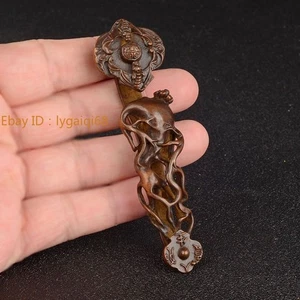 Antique-Style Patinated Copper Ginseng Ruyi: Chinese Study Home Decor - Picture 1 of 6