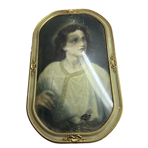 Antiker konvexer Blasenglas Portrait Rahmen gold vergoldet verziert oval 16x10 religiös - Bild 1 von 12
