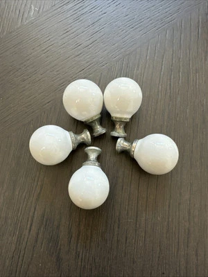 Set of 5 Porcelain Antique White Silver Cabinet Vanity Drawer Knobs Round 1940s - Image 1 of 4