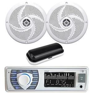 Pyle Single DIN Marine Stereo Receiver, 2x 4" 100W White Boat Speakers, Cover - Picture 1 of 4