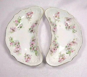 VTG crescent fish bone dishes, gold gilt, pink and lavender flowers, unbranded - Picture 1 of 6
