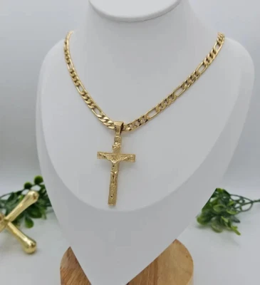 Collar Crucifijo de Oro para Hombre, Cadena Figaro Redonda de 6mm, Oro Chapado Pesado 14K Foto 1 de 4