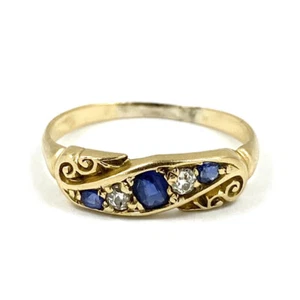 Antique 18ct Yellow Gold Ring With Natural Sapphires & Diamonds Size R - 1890s - Picture 1 of 10