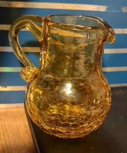 Miniature Blenko Pitcher Hand Blown Crackle Glass 3" Tall Amber Gold Vintage - Picture 1 of 7