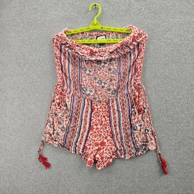 Angie Women Romper L Red Floral Bohemian Tasseled Drawstring Sleeveless - Image 1 of 4