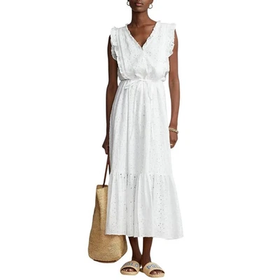 Платье миди Polo Ralph Lauren размер 10 белое без рукавов с оборками кружевное льняное - Изображение 1 из 4
