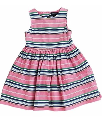 Ralph Lauren Girls Pink Stripe Sun Dress, Girls 6X Lined, Cut Out Back, Buttons - Image 1 of 4
