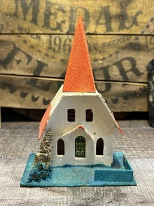 Vintage MCM Glimmer Feiertag Kirche Pappe PUTZ Haus Weihnachtsdeko Japan - Bild 1 von 10