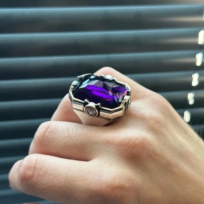 Anillo grande otomano vintage único plata amatista cuadrado de plata para hombre Foto 1 de 4