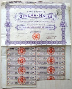 France, 1907, Cinema-Halls - Vintage Bond Certificate & Coupons, 100 Francs - Picture 1 of 2