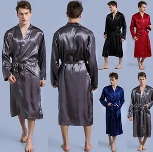 Mens Satin Silk Pajamas Kimono Bathrobe Robe Dressing Summer Gown Pjs Loungewear - Picture 1 of 18