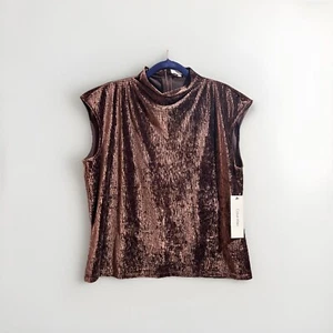 NEW Calvin Klein Womens Top Large Brown Zip Mock Neck Sleevelesss Shell Blouse - Picture 1 of 7