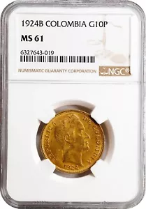 COLOMBIA 10 Pesos 1924-B Bogota Mint NGC MS-61 - Picture 1 of 3