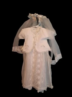 Vtg 4 Piece Christening Baptism Gown Slip Veil & Jacket Euro Size 40 - Image 1 of 4