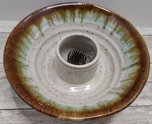 Crystalline Drip Glaze Ikebana Pottery Vase Metal Flower Frog Artist Signed MCM - Picture 1 of 9