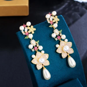 Gelbgold plattiert rosa rot CZ Frauen Cluster Blume Ohrhänger Perle Ohrringe - Bild 1 von 10