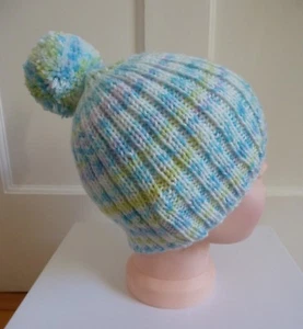Lovely Handmade Green Variegated Ribbed Knitted Bobble Hat ~ Age 4-6 to Adult - Picture 1 of 9