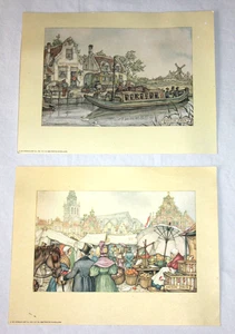 2 Anton Pieck Vintage Print 1971 Donald Art Printed In Holland Boat canal market - Picture 1 of 10