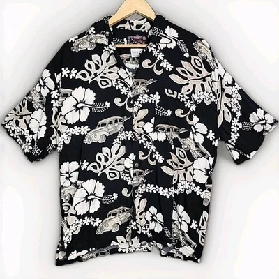 Hawaiian Shirt by Basix - Rayon Large Vintage Surf Car & Flowers Black - Image 1 of 4