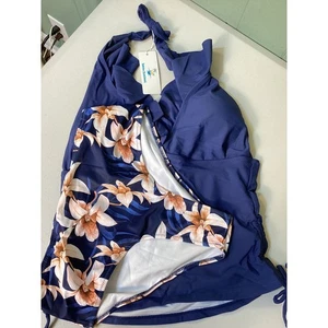 Beachsissi Neckholder-Tankini-Top marineblau Blumen Rüschenbesatz seitlich zum Binden Damen M - Bild 1 von 9