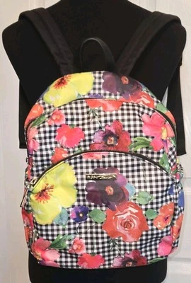 Betsey Johnson Black/White Gingham w/Colorful Florals Multi Pocket Backpack NWOT - Image 1 of 4
