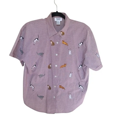Camisa vintage Teddi gato bordada amante de los animales guinga abotonada roja blanca L Foto 1 de 4