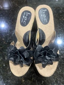 b.o.c. Born Concepts Flower Black Leather Cork Wedge Heel Sandals Sz 7 - Picture 1 of 5