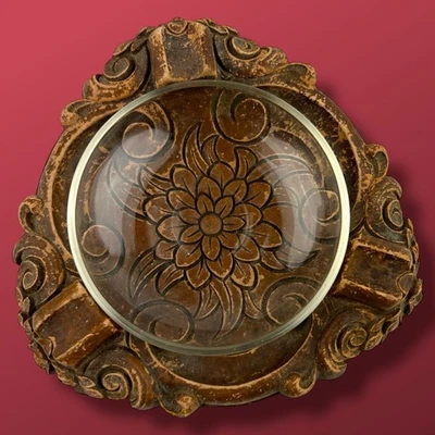 Antique Art Nouveau Floral Wood Glass Ashtray Hand Carved Cottagecore Boho - Image 1 of 4