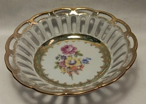 Fine DRESDEN China Trinket Basket-Like Dish w/ROSE 5.25"dia. Gold Trim GERMANY - Picture 1 of 10