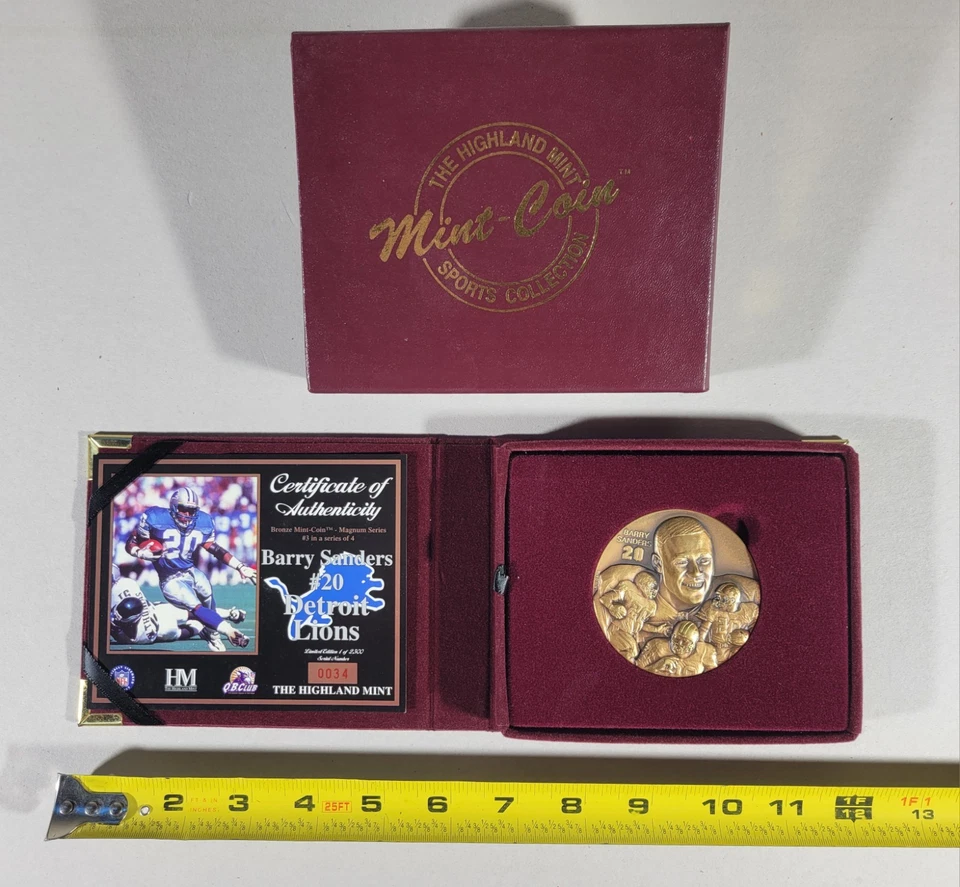 罕见 BARRY SANDERS Highland Mint Magnum 青铜完好硬币,2500 年 #34,真品证明,全新 — 第 1/4 张图片