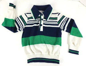 Vtg BULL FROG KNIT ~ Boys Size 6 Collared Pullover Sweater ~ Green, White, Blue - Picture 1 of 7