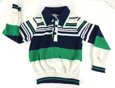 Vtg BULL FROG KNIT ~ Boys Size 6 Collared Pullover Sweater ~ Green, White, Blue - Image 1 of 4