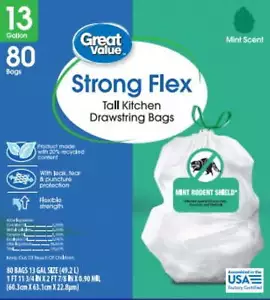 13-Gallon Drawstring Strong Flex Tall Kitchen Trash Bags, Mint Scent, 80 Bags - Picture 1 of 7