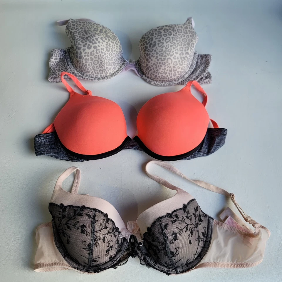 Lote de 3 Sujetadores 32D Victoria’s Secret Sujetador de Encaje Negro Rosa Leopardo Perfecto Foto 1 de 4