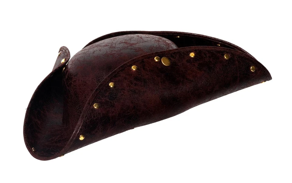 ADULT BROWN FAUX LEATHER COLONIAL PIRATE STUDDED TRI-CORNER TRICORN COSTUME HAT - Image 1 of 1