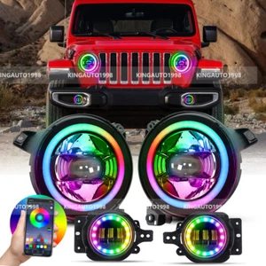 9'' RGB LED Headlights + 4'' Fog Lights for Jeep Wrangler JL Gladiator JT 2018+ - Picture 1 of 19