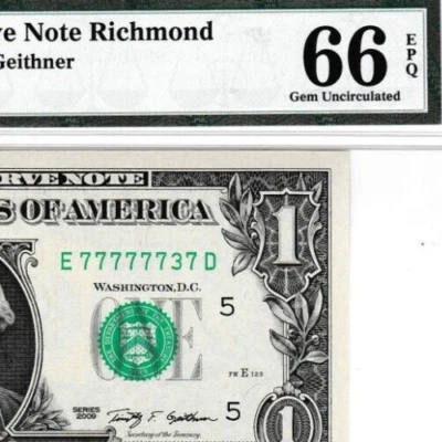 NEAR SOLID BOEING 737 S/N 77777737  $1  2009 Federal Reserve note Fr. 1934-E PMG - Image 1 of 3