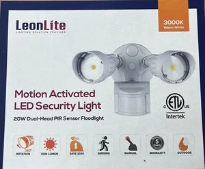 20W LED Motion-Activated Dual-Head Outdoor Security Light with Photocell, White - Picture 1 of 2
