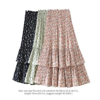 Dama Faldas Florales de Gasa Fruncidas Volantes Plisadas en Niveles Línea A Midi Informal Elegante Foto 1 de 4