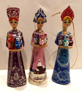 3 Hand Carved Wood Painted Russian Souvenir Christmas Ornament "Russian Beauty"  - Picture 1 of 3